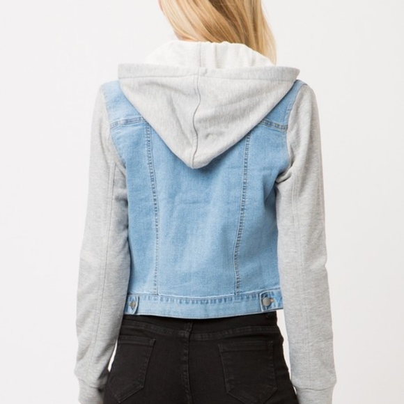 Denim Jacket with Sweatshirt Sleeves and Hood - Picture 3 of 4